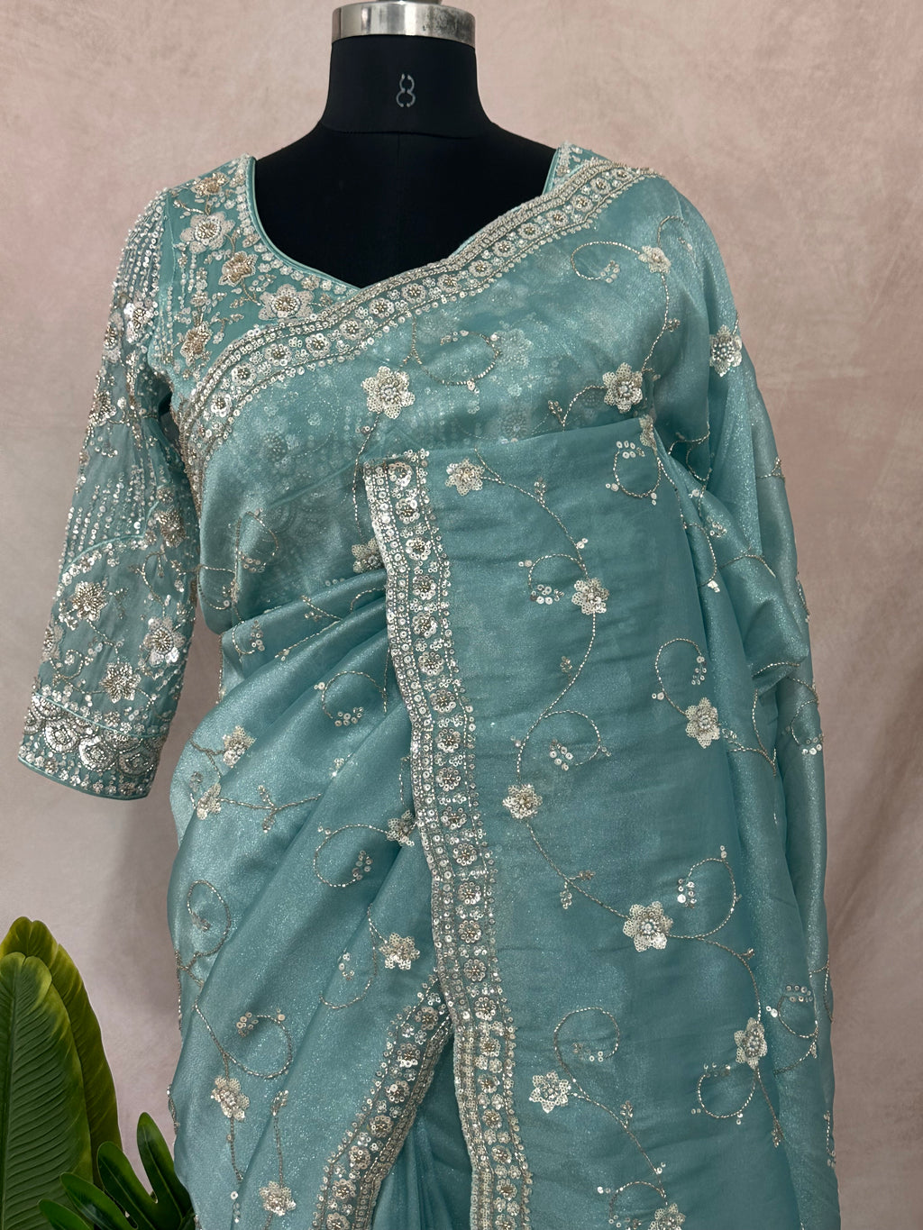 Blue tissue designer saree with stitched blouse and under skirt