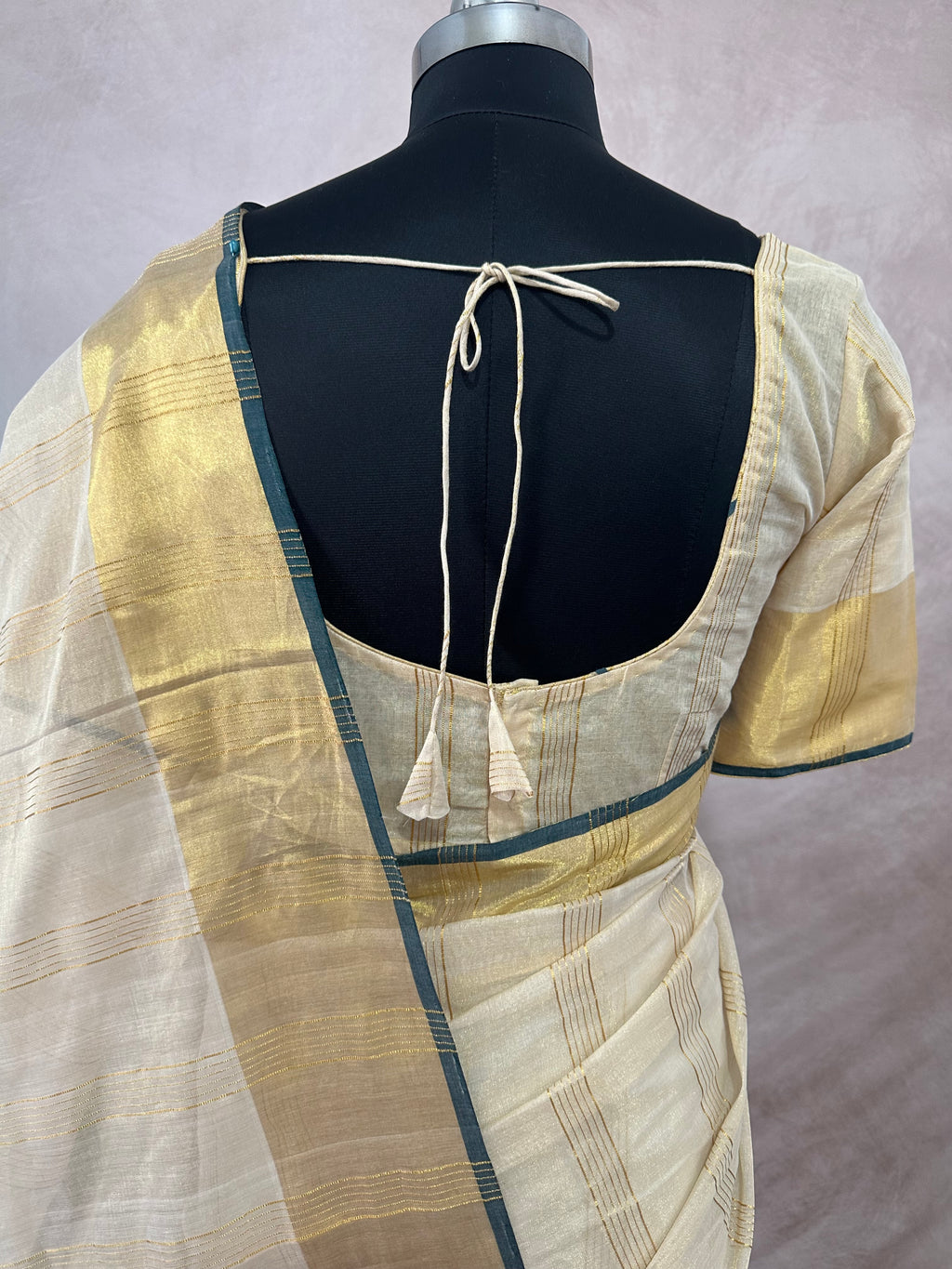Handloom tissue kerala kasavu saree with stitched blouse