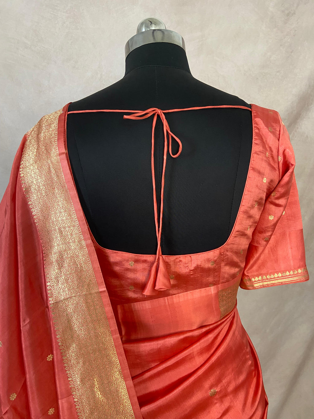 Peach pink pure raw mango silk saree with stitched blouse