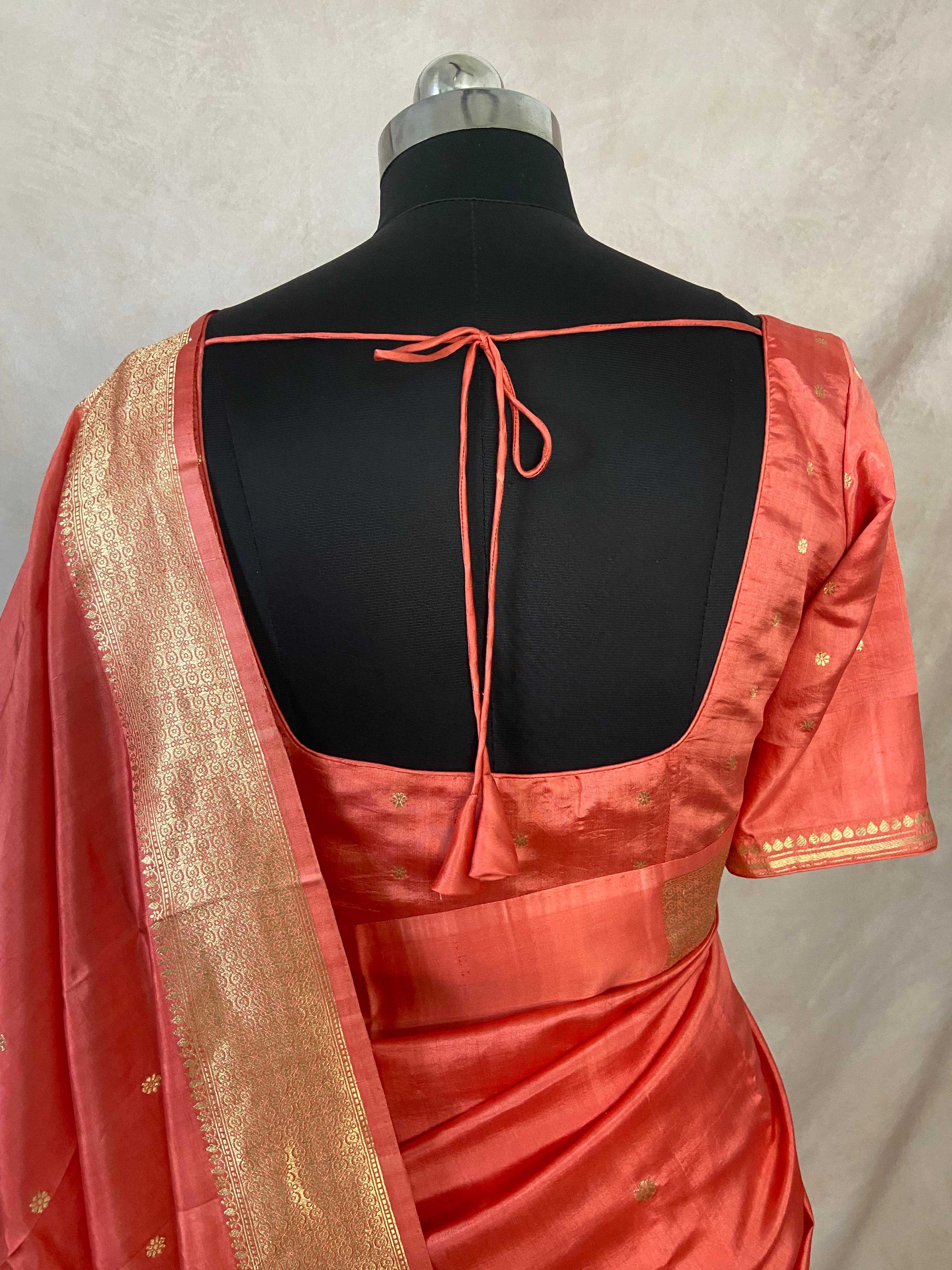 Peach pink pure raw mango silk saree with stitched blouse