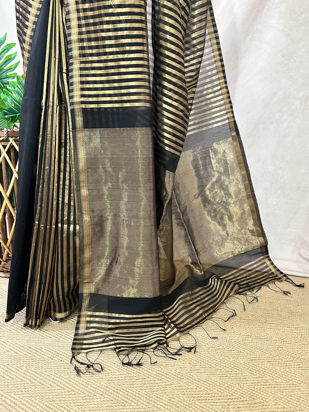 Maheshwari tissue silk saree with stripe and stitched blouse