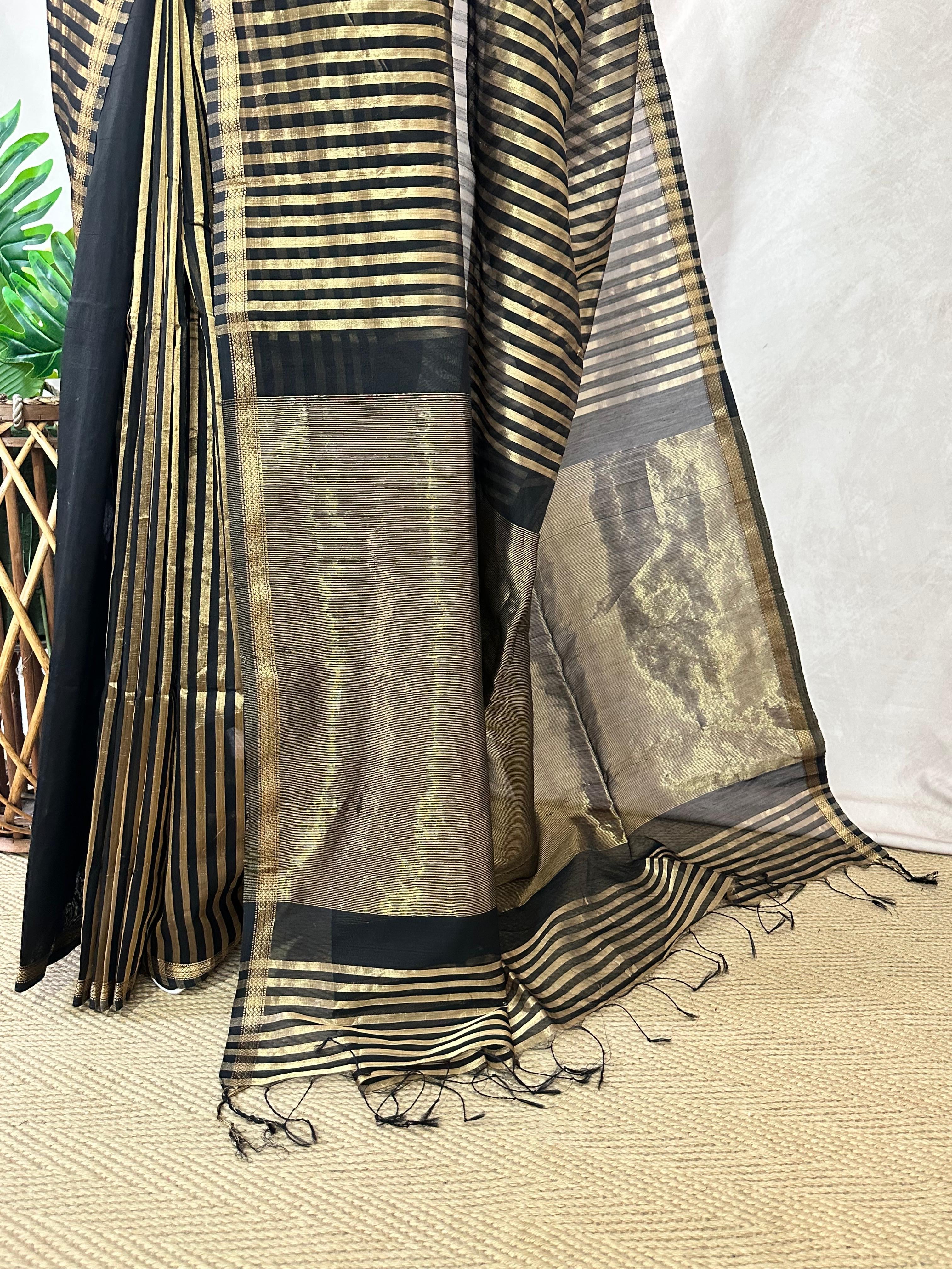 Maheshwari tissue silk saree with stripe and stitched blouse