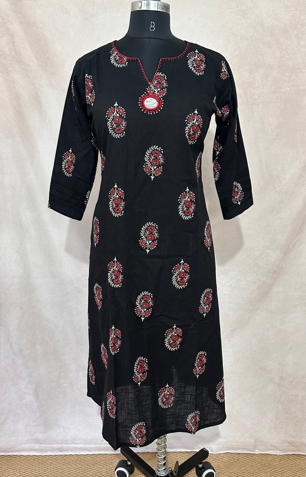 Black printed cotton kurti with mirror work