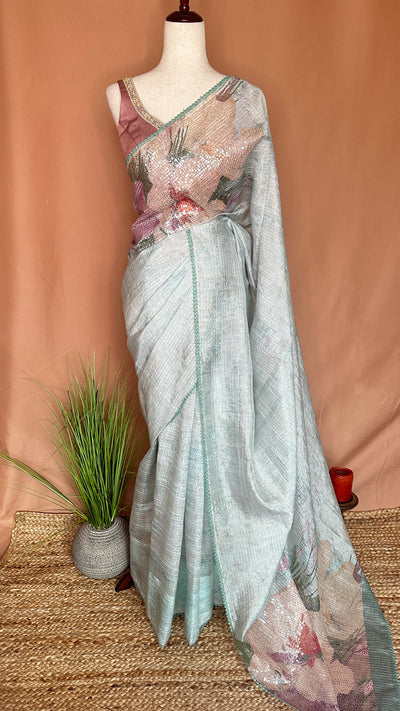 Light Blue Sequins designer saree, with BP