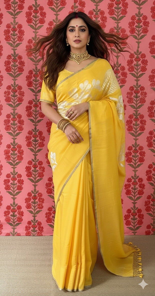 Yellow pure munga silk designer weave (single Motif) saree with stitched blouse