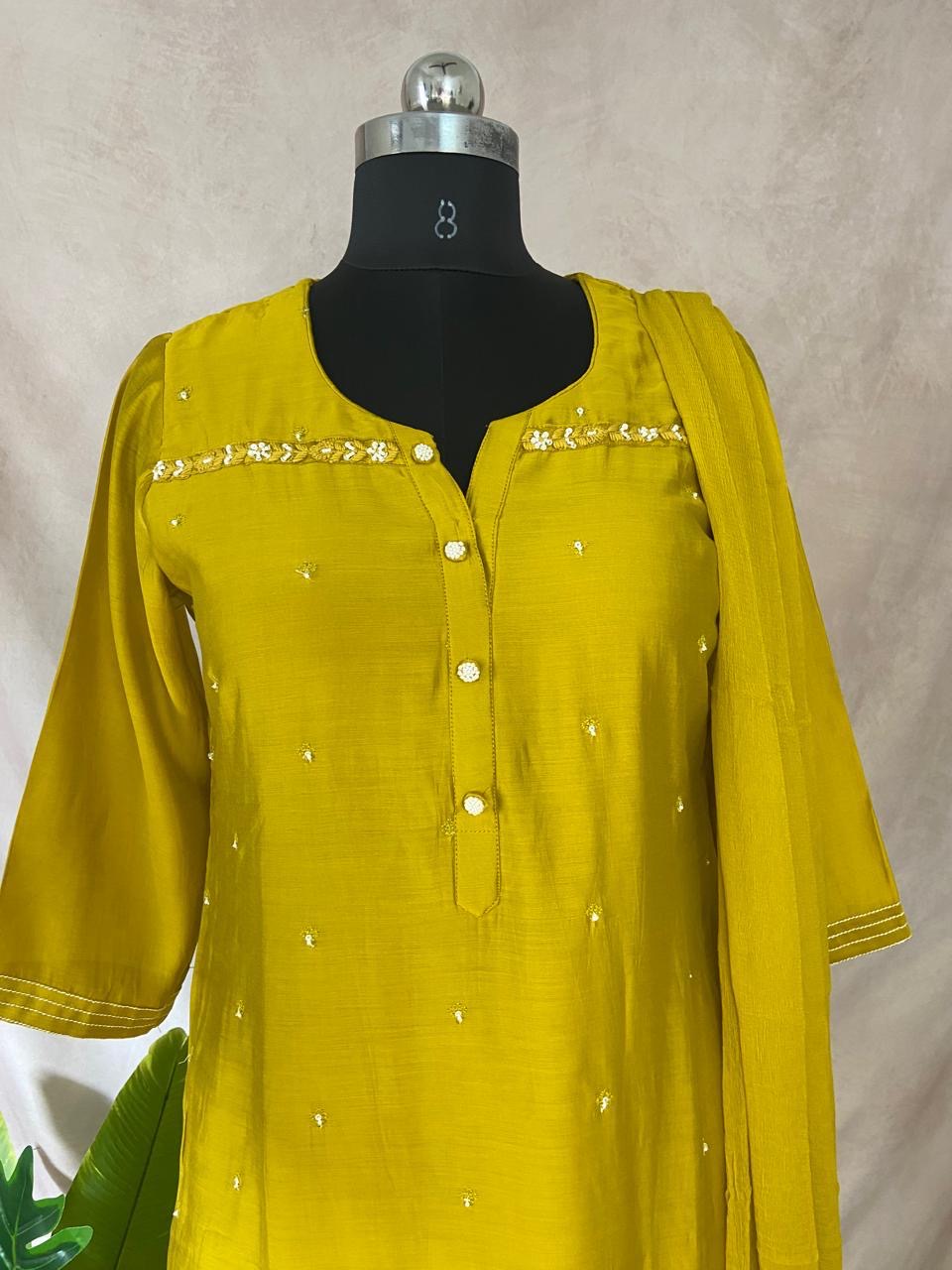 Mustard yellow kurti with bottom and dupatta