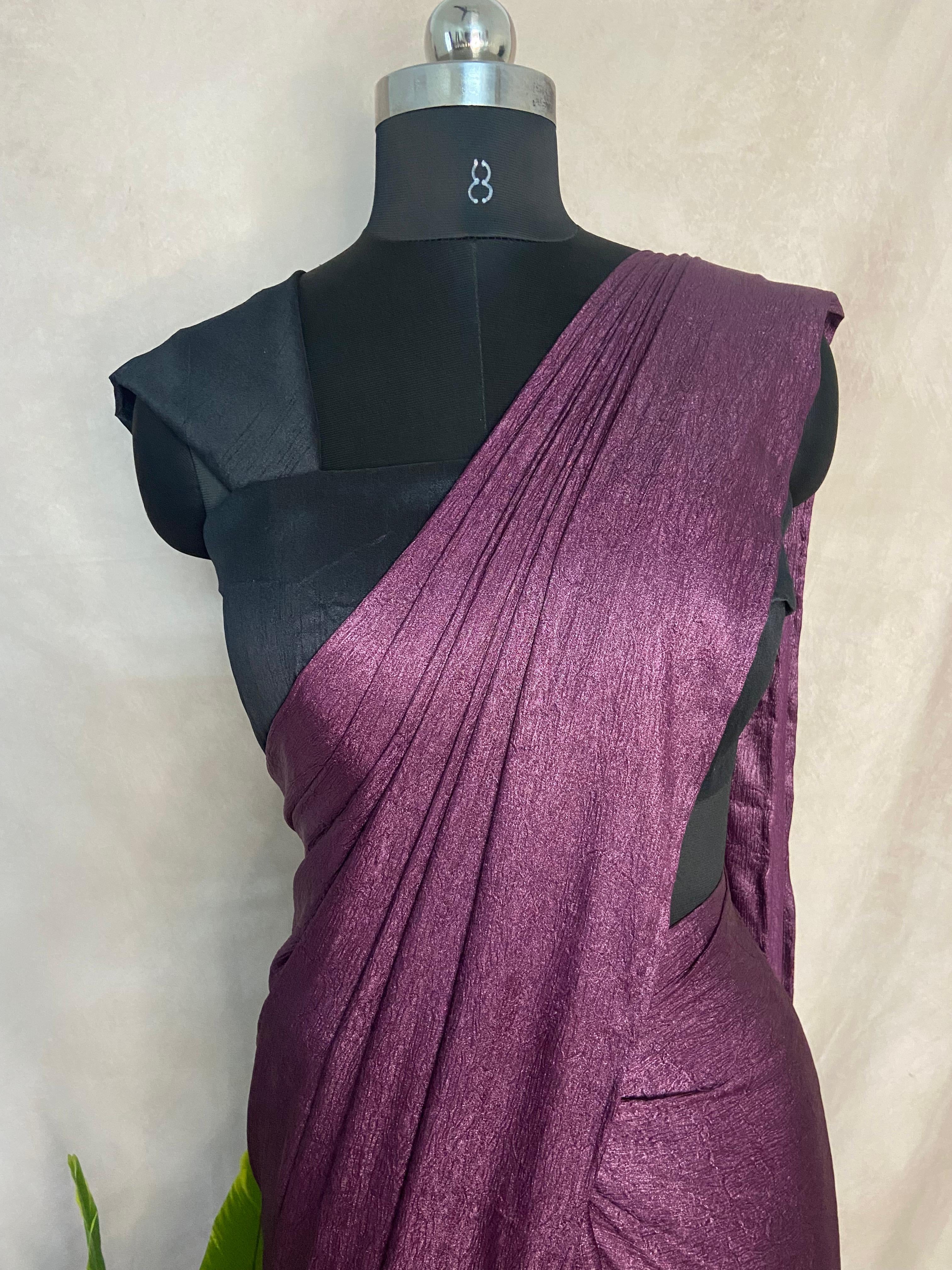 Ready made pre pleated Light eggplant crushed tissue crepe saree