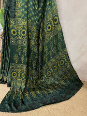 Green modal silk saree with hand work and stitched blouse