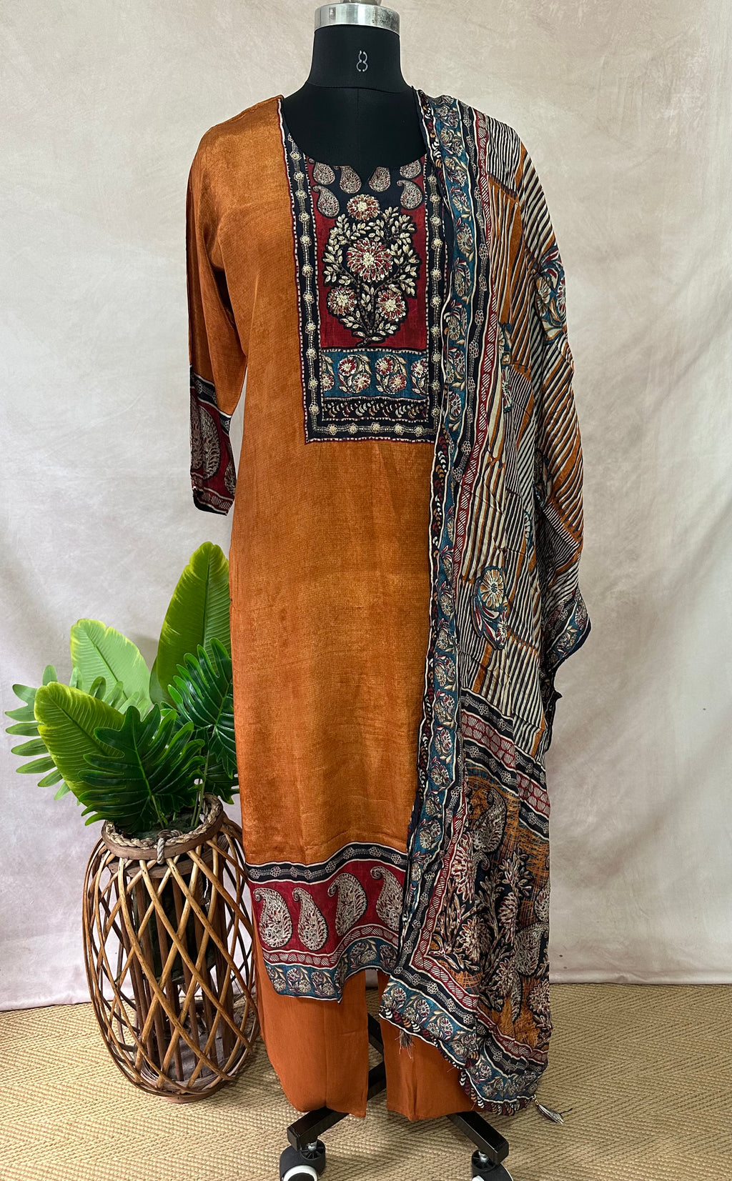 Burnt orange crepe silk designer kurti set