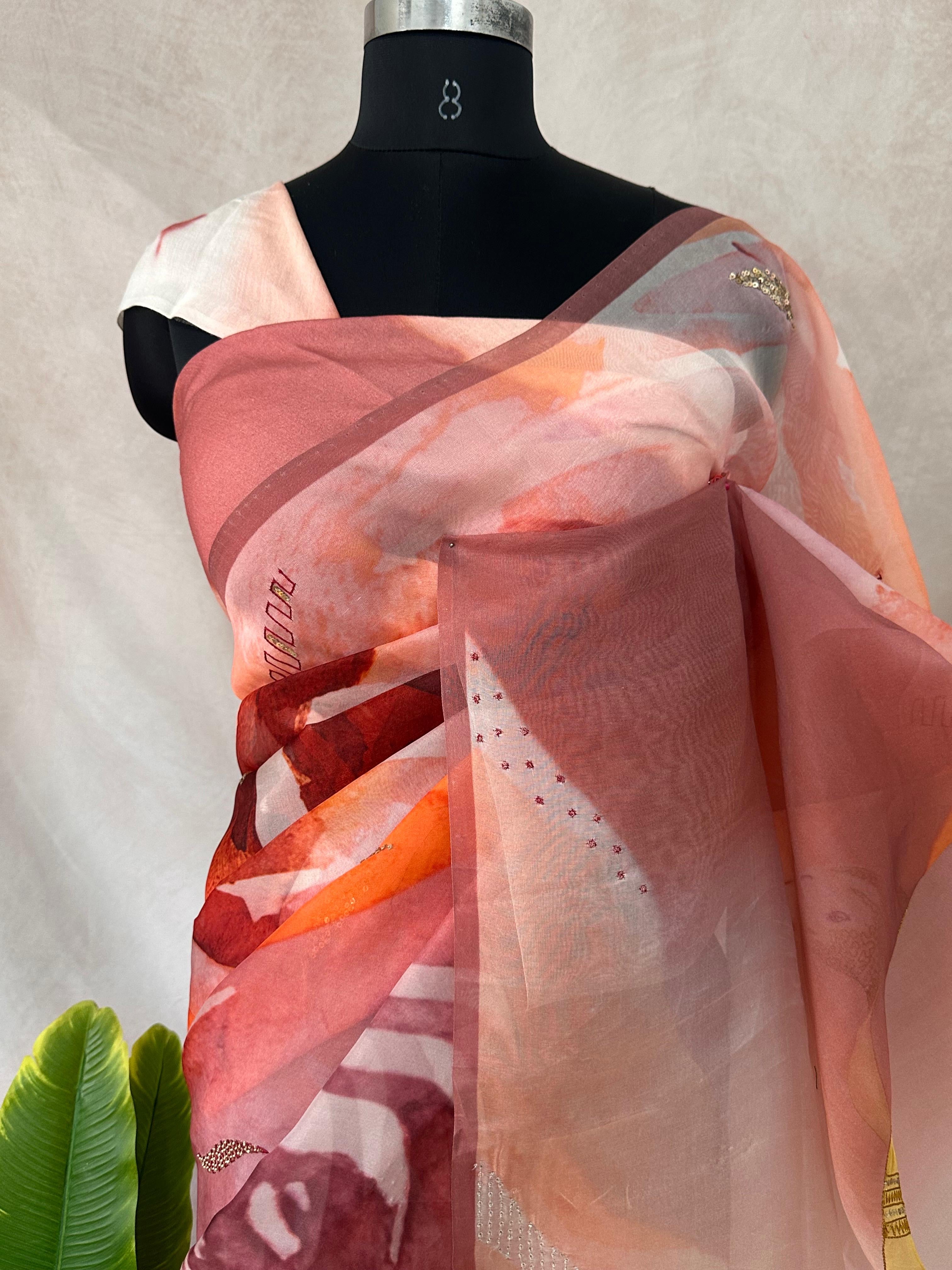 Silk organza saree with digital print and highlighted with ari work, with BP