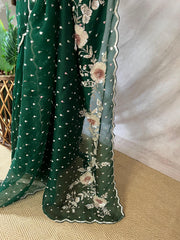 Bottle green Organza silk saree with 3D embroidery , with stitched blouse