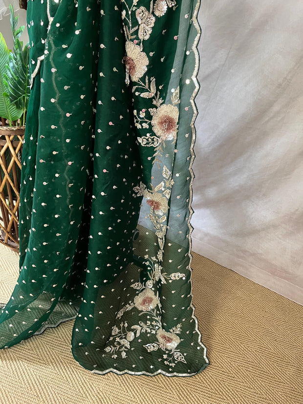 Bottle green Organza silk saree with 3D embroidery , with stitched blouse