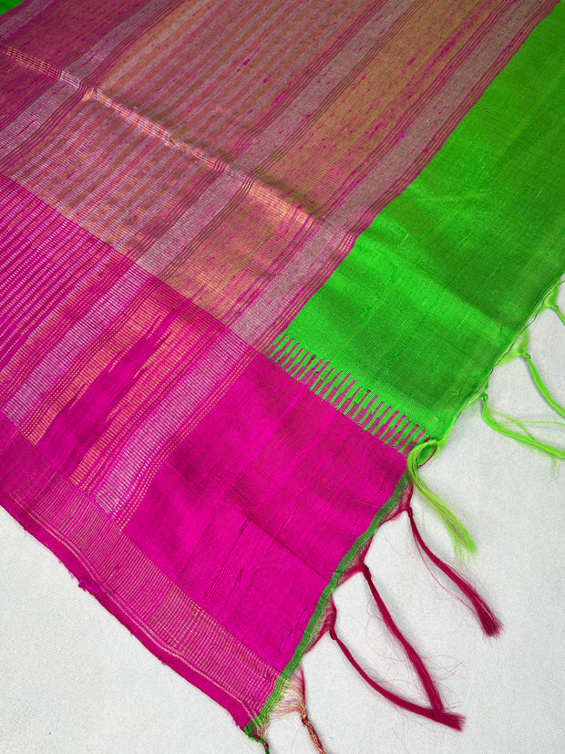 Green and Pink combo pure raw silk saree with stitched blouse