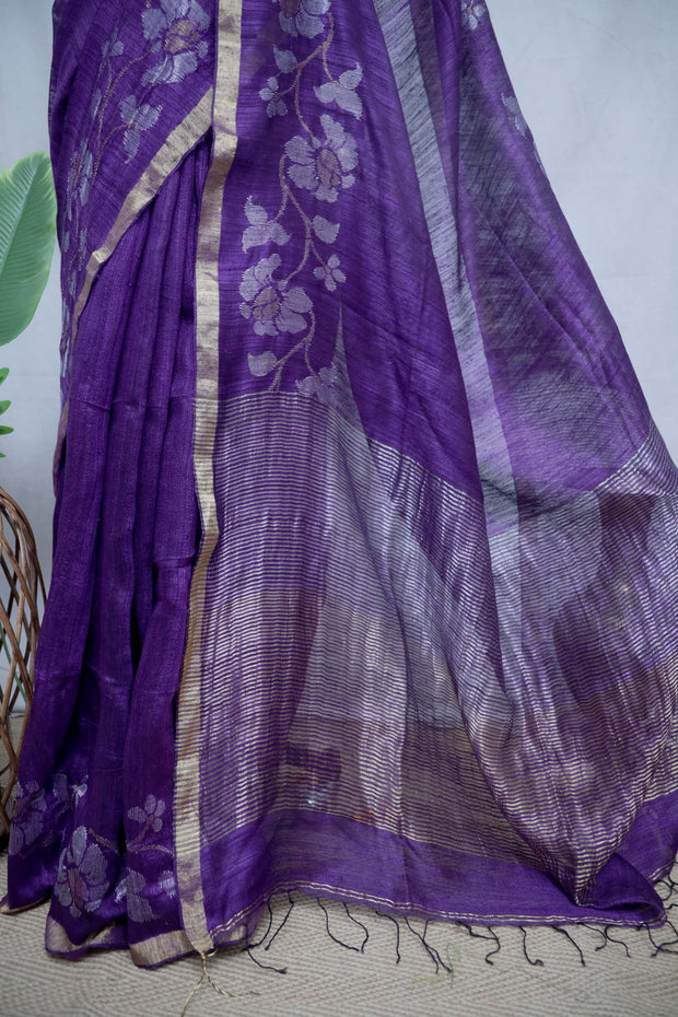 Pure Purple Matka silk handloom saree with jamdani , with stitched blouse