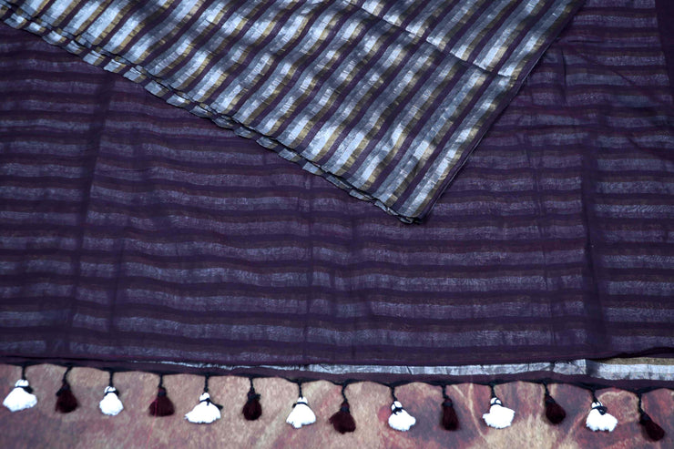 Handwoven Bottle Green Stripe Tissue Cotton saree, No BP