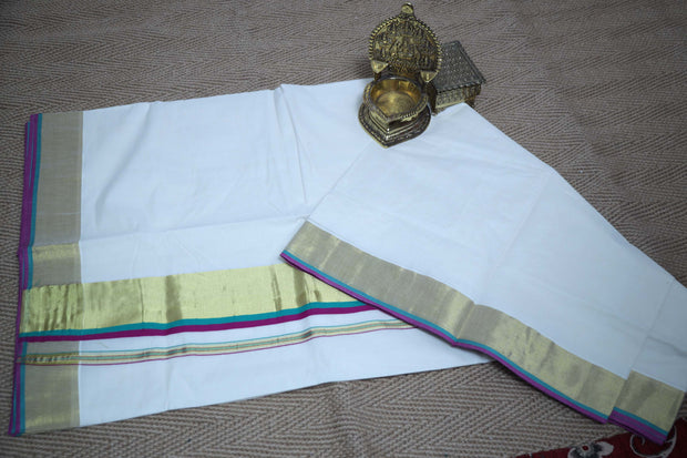 Set saree with copper sulfate blue , majenta and gold border