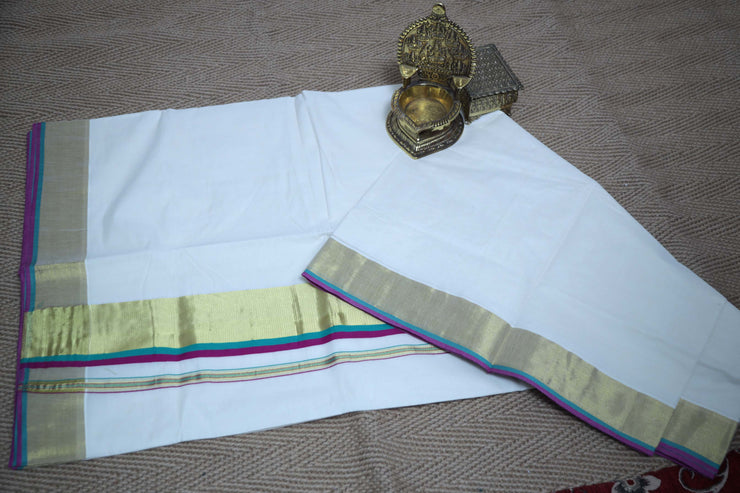 Set saree with copper sulfate blue , majenta and gold border