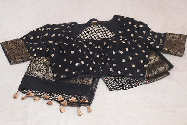 Dola Silk Saree with Ajrakh Hand Block Print , stitched blouse
