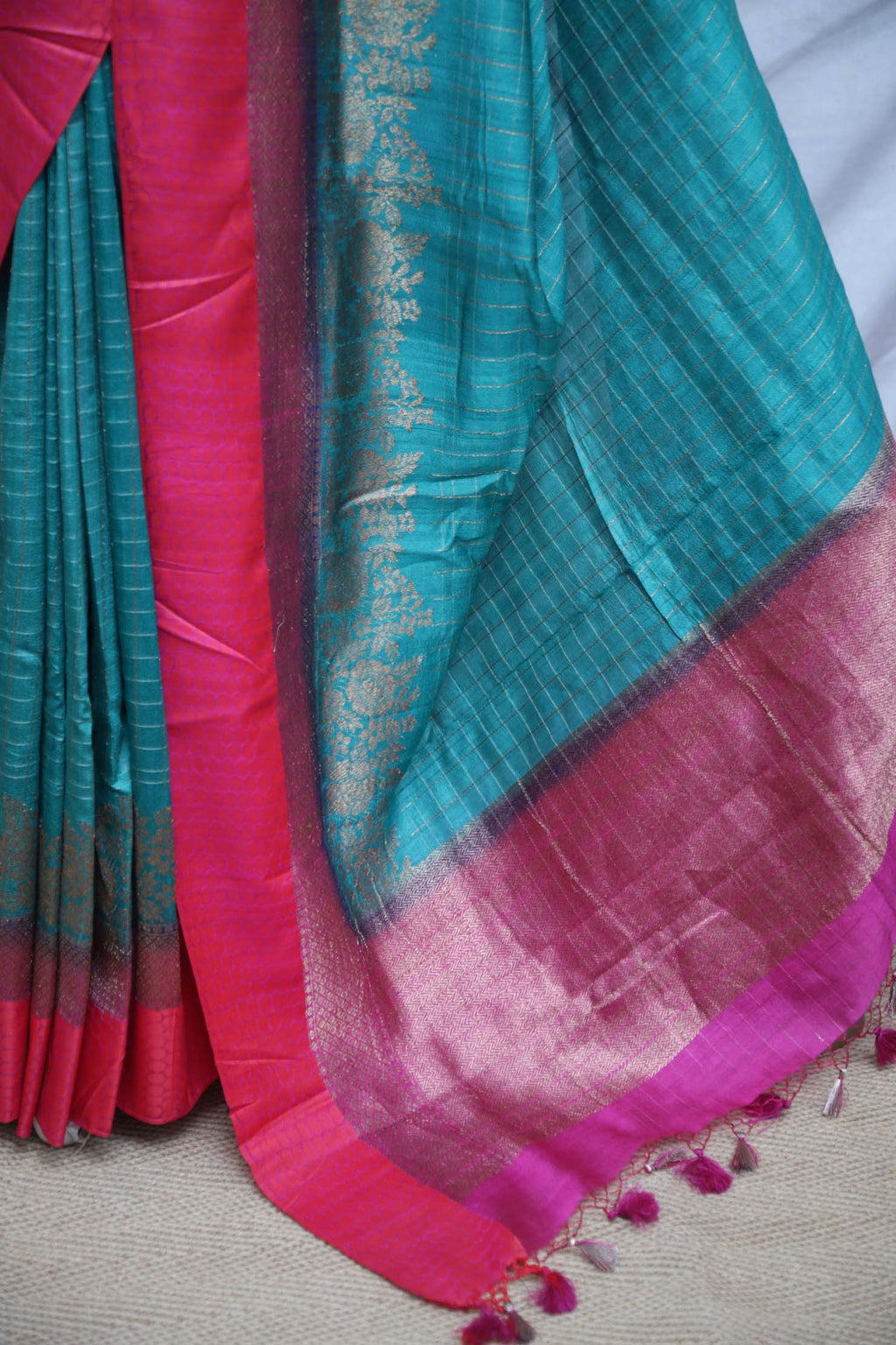 Peacock green and Pink combination Tussar banarsi saree with stitched blouse