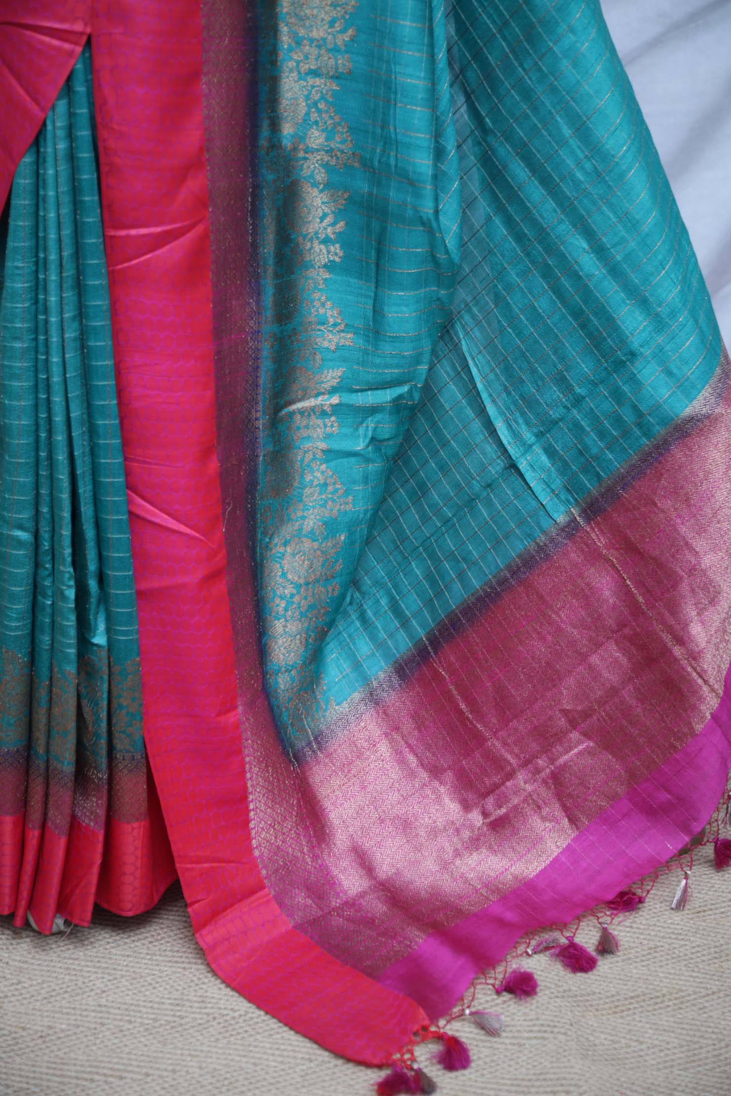 Peacock green and Pink combination Tussar banarsi saree with stitched blouse