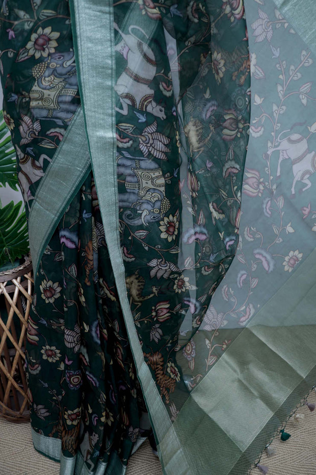 Kalamkari printed organza silk saree with stitched blouse