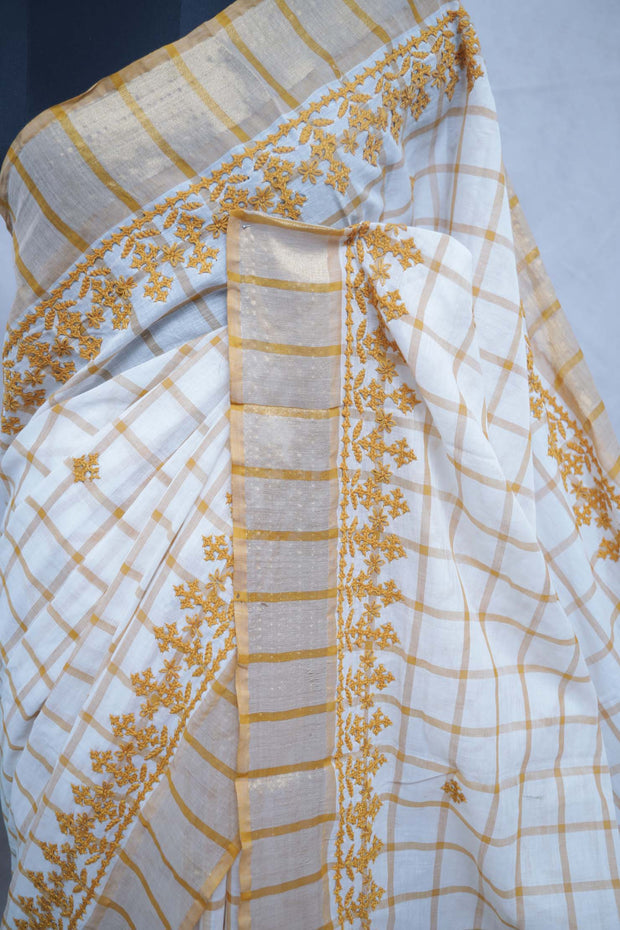 Off white and gold check saree with Kutch work , with BP