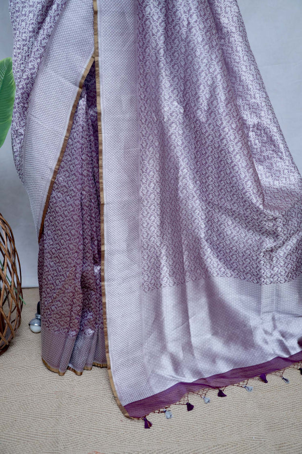 Deep burgundy brocade organza saree with stitched blouse