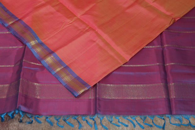 Peach and blue Combo  Kanchivaram saree with stitched blouse