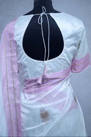While katan chanderi pure silk saree with pink border, stitched blouse