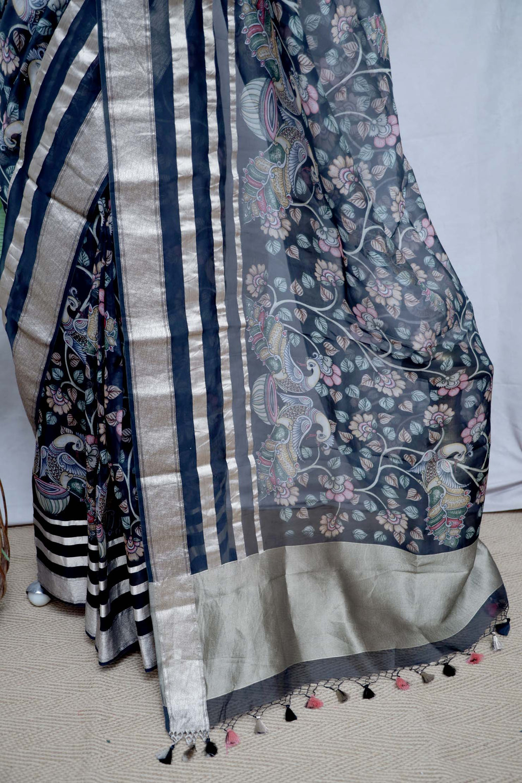 Kalamkari printed organza silk saree with stitched blouse