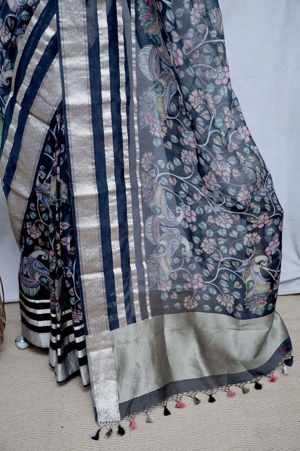Kalamkari printed organza silk saree with stitched blouse