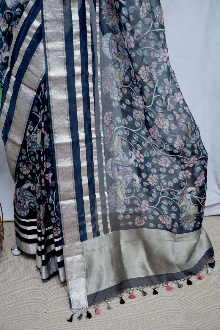 Kalamkari printed organza silk saree with stitched blouse