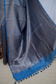 Blue brocade organza saree with stitched blouse
