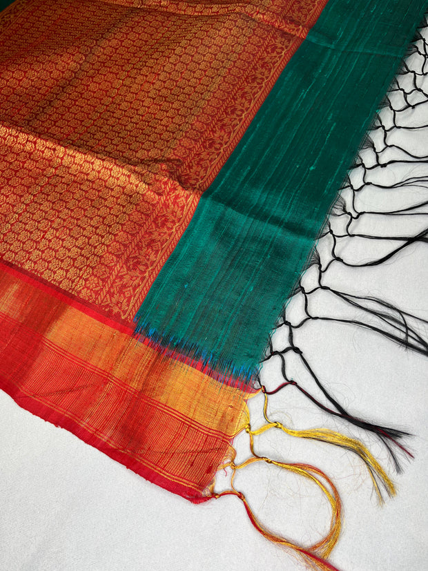 Peacock green and brick red combo pure raw silk saree with stitched blouse