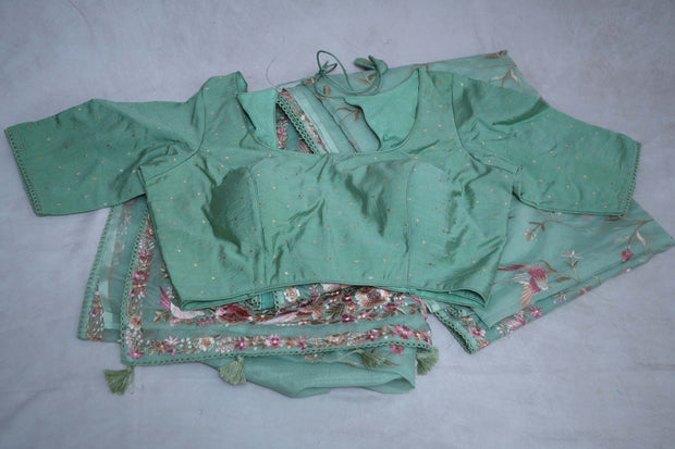 Sea Green Soft Organza Saree with Parsi Gara Machine Embroidery Work , with stitched blouse