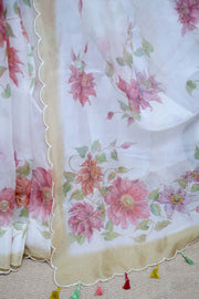 Hand painted organza silk saree with hand work, stitched blouse