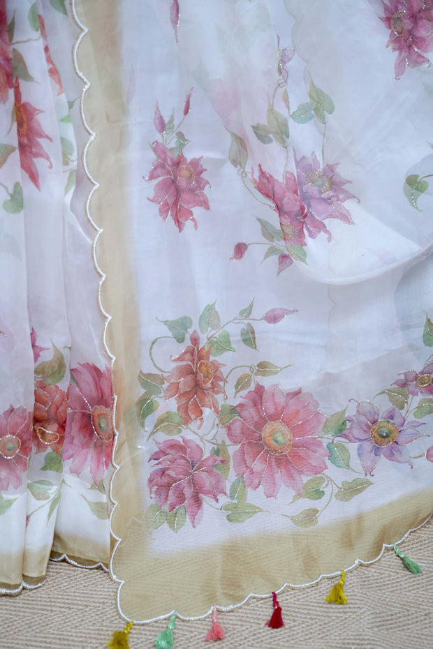 Hand painted organza silk saree with hand work, stitched blouse