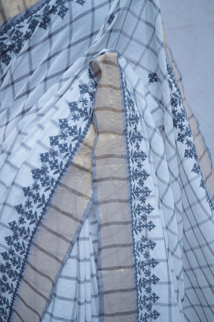 Off white and gold check saree with Kutch work , with BP