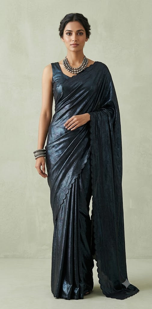 Shimmer crepe saree with scallop border, with stitched blouse