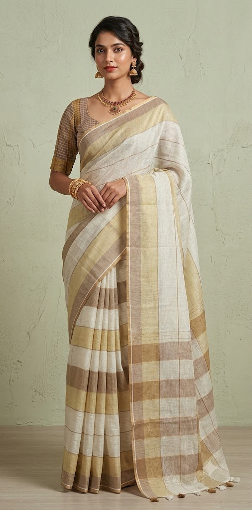 Linen saree with gold border