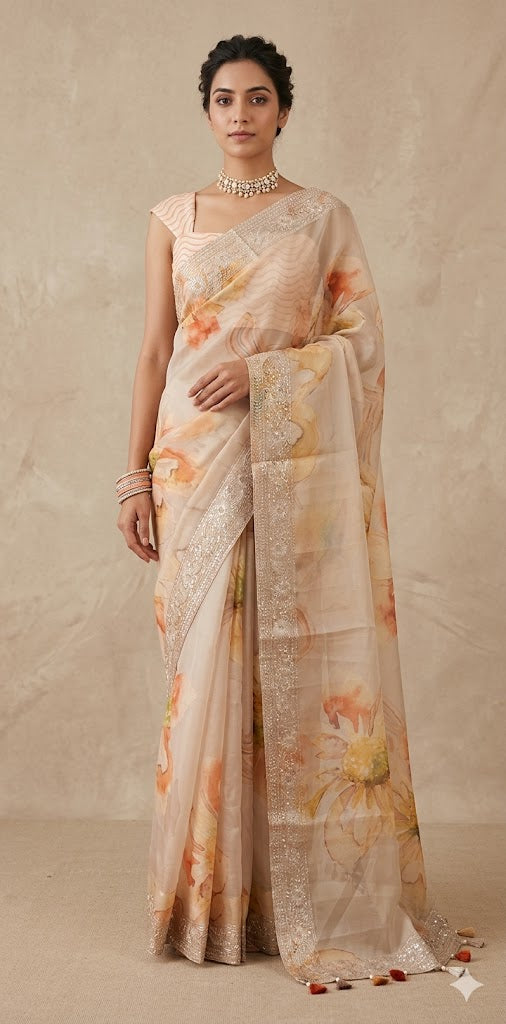 Silk organza saree with digital print and gotta worked borderr, with BP