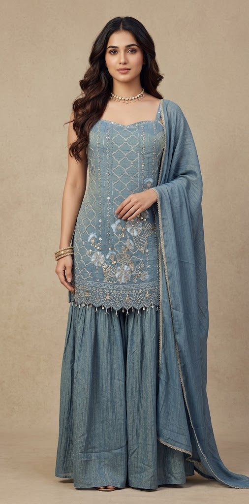 Light blue designer short top with flared bottom