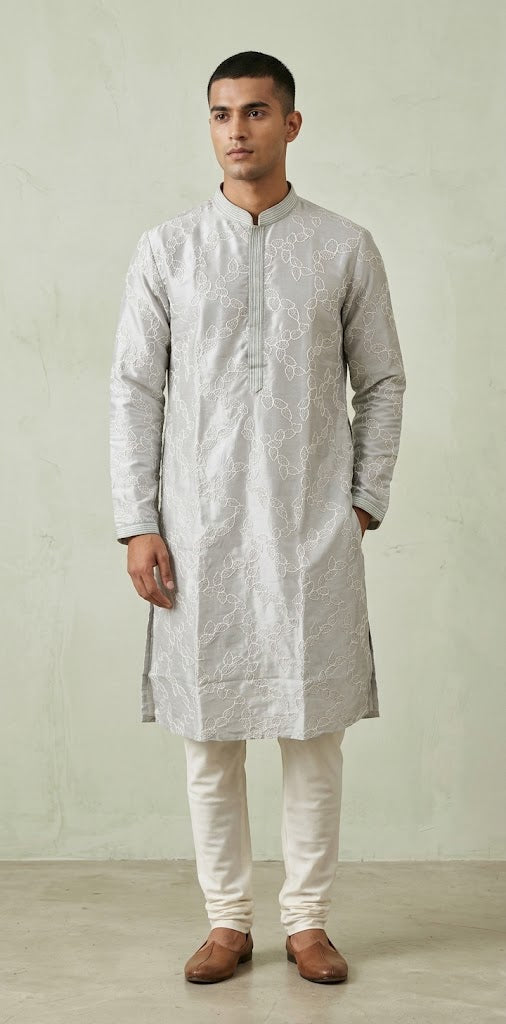 Light grey kurta with self embroidery