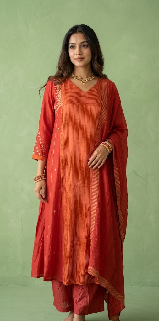 Orange tissue chanderi silk kurti set