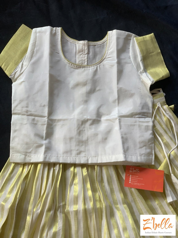 4-5 Yr Kerala Gold Kasavu Tissue Line Skirt With Off White Silk Crop Top Girl Kids Set