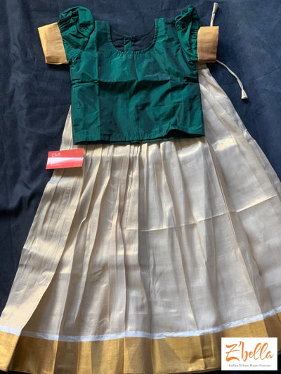 6-7 Yr Kerala Gold Kasavu Tissue Skirt With Green Silk Crop Top Girl Kids Set