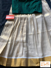 6-7 Yr Kerala Gold Kasavu Tissue Skirt With Green Silk Crop Top Girl Kids Set