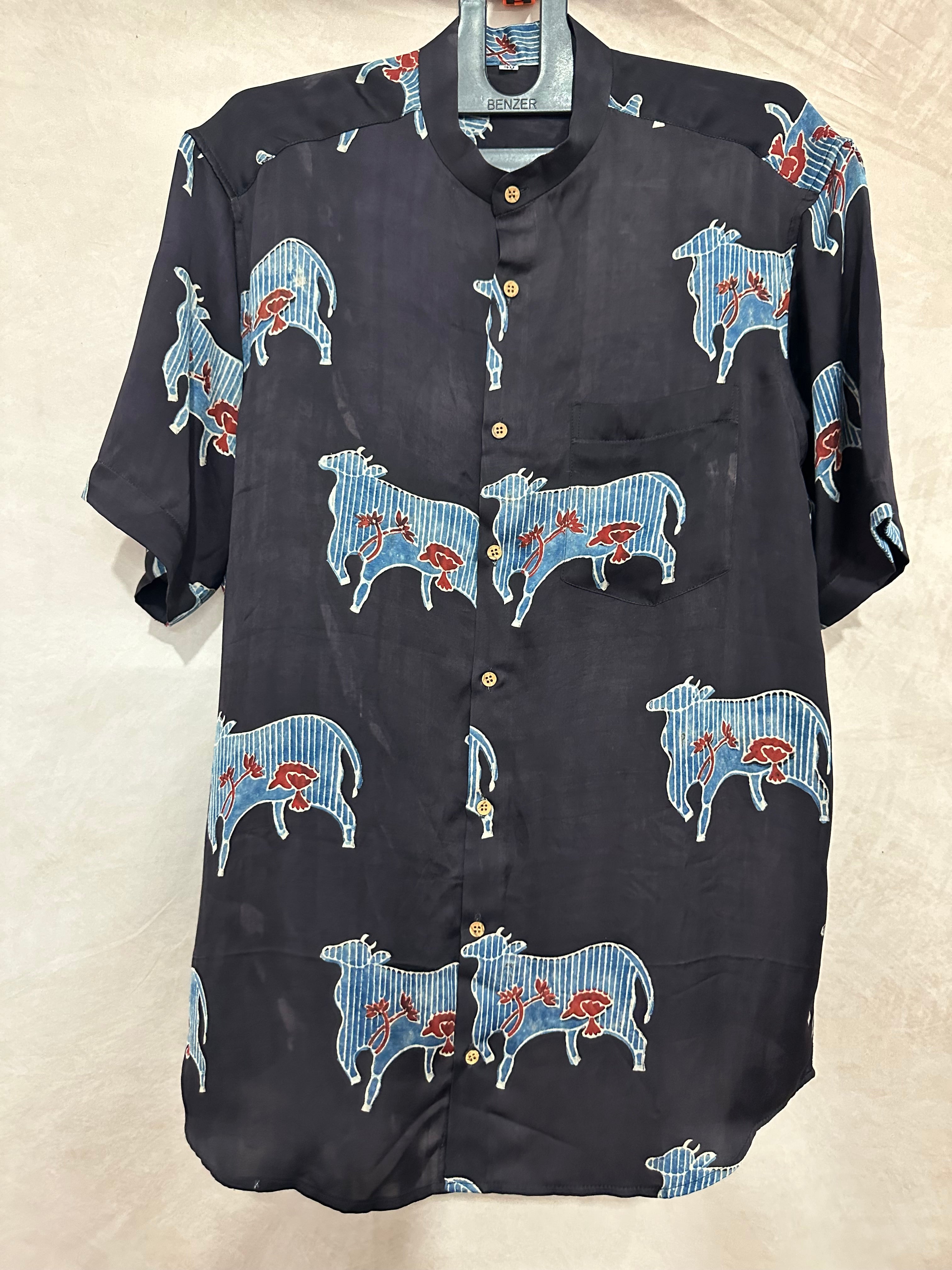 Ajrakh handblock printed Mandarin colar shirts in pure modal silk