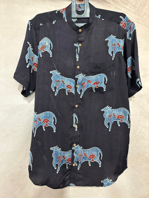 Ajrakh handblock printed Mandarin colar shirts in pure modal silk