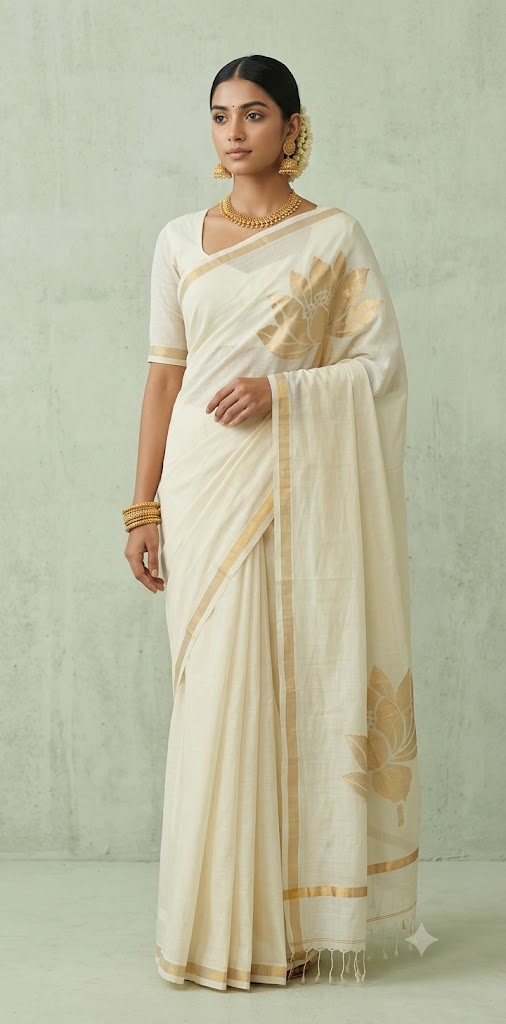 Padma - Pure cotton Off white color saree with Handloom jamdhani weave